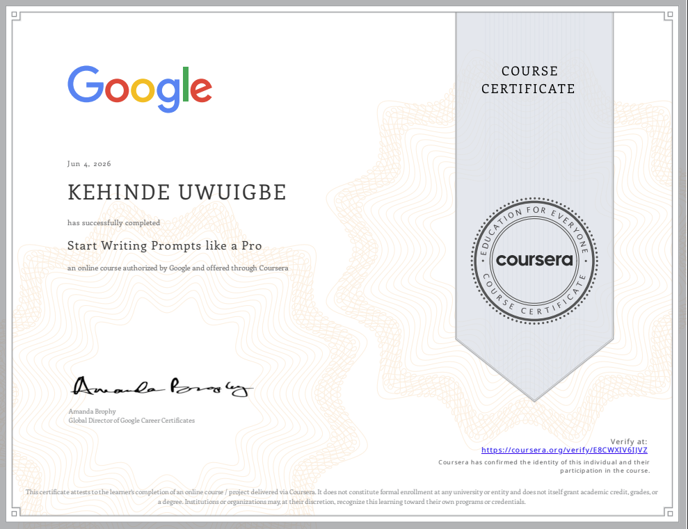 Start Writing Prompts like a Pro certificate
