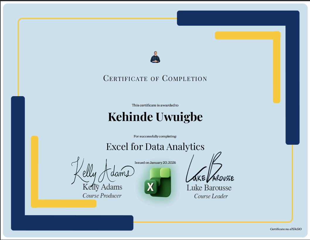 Excel for Data Analytics certificate